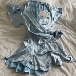 Selfie Leslie Cami Angel Sleeve Faux Wrap Dress - Steel Blue (NWT)